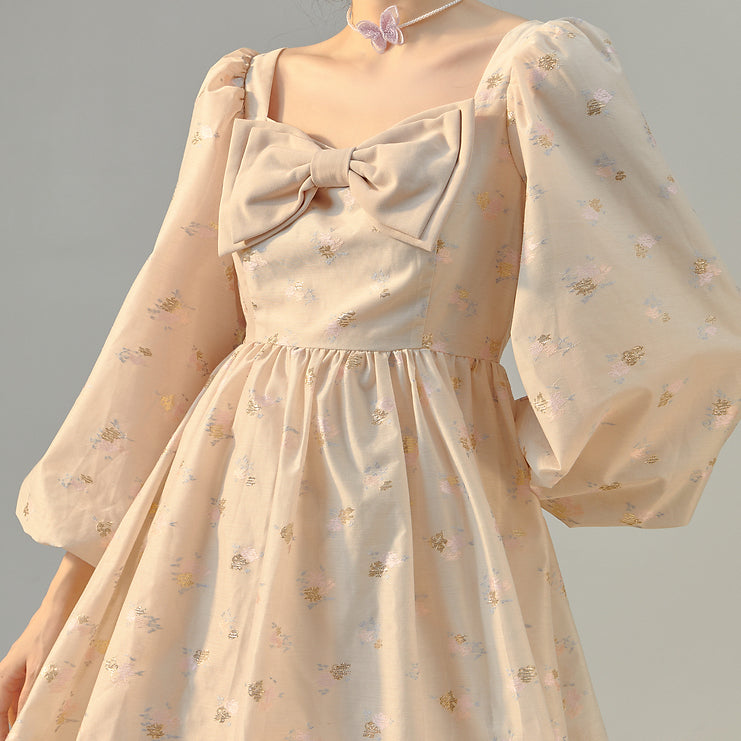 Puff Sleeve Bow Floral Jacquard Dress Maxct