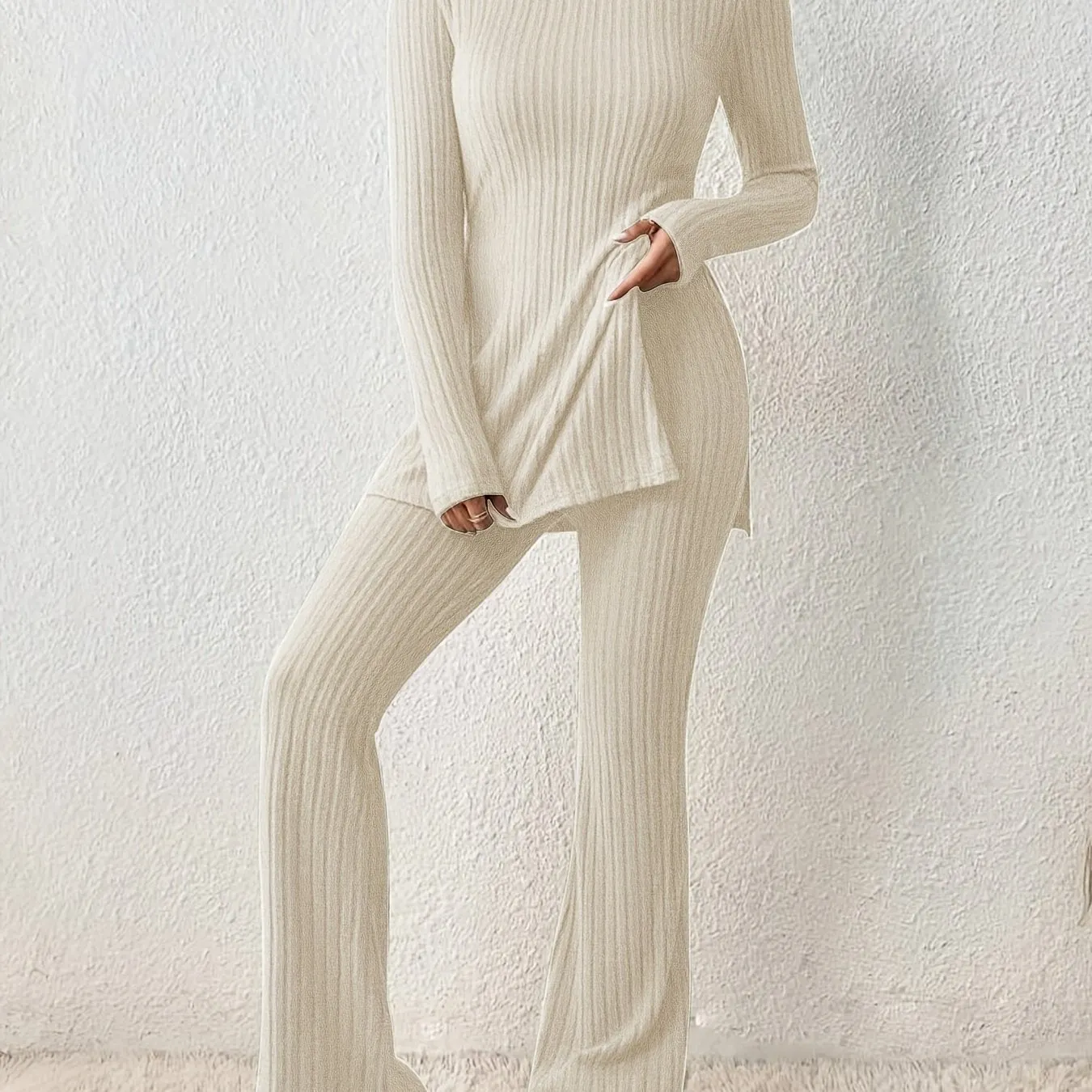 Maxct  Solid Textured Two-piece Set, Long Sleeve Slit Long Length Top & Skinny Pants Outfits, Women's Clothing