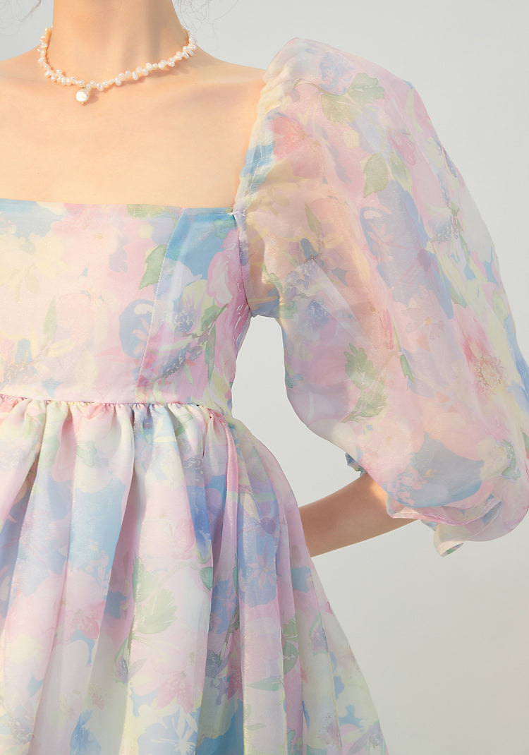 Watercolor Floral Puff Dress Maxct