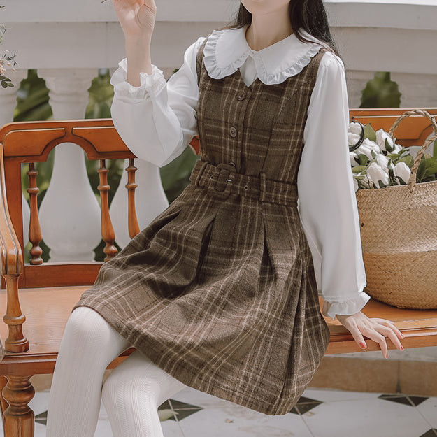 Coffee Plaid Pinafore Dress / Blouse Maxct