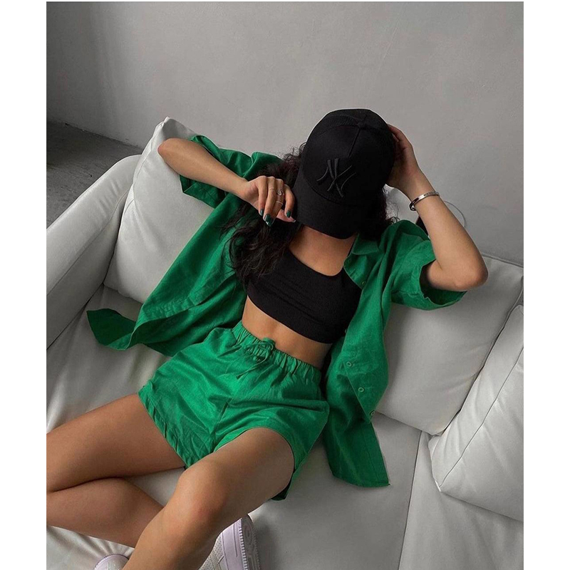 Maxct Casual Tracksuit Women's Shorts Suits Green Streetwear Short Sleeve Shirt Tops Loose Drawstring Mini Shorts Two Piece Set