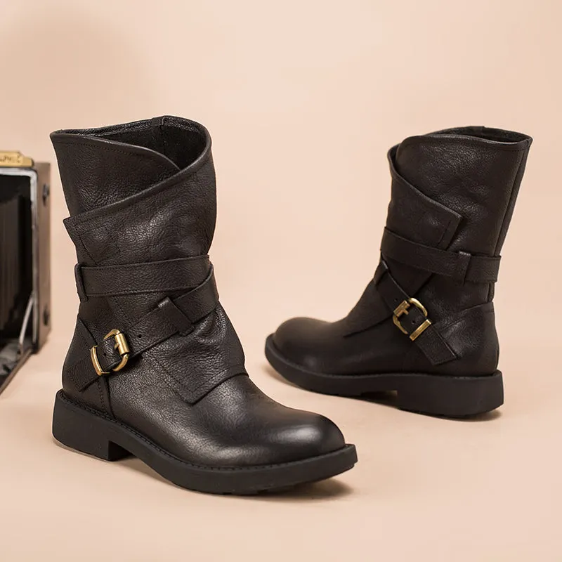 Womens Retro Mid Calf Boots for Winter Buckles Boots Coffee/Brown/Black Maxct