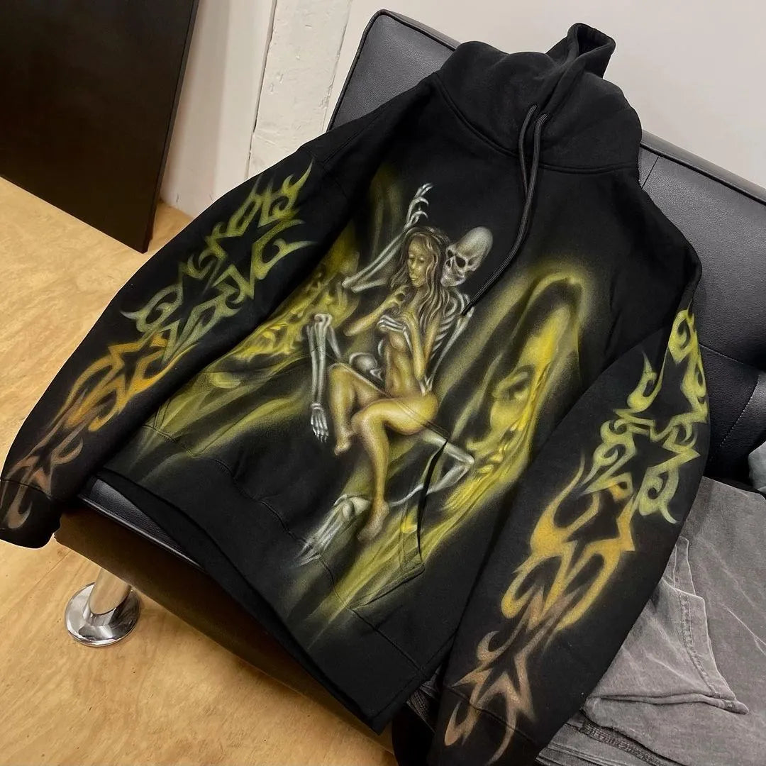 Maxct Y2K Women's Clothing Hoodies Sweatshirt Long Sleeve Pullover High Street Dark Vintage Terrifying Skull Tops Oversize Streetwear