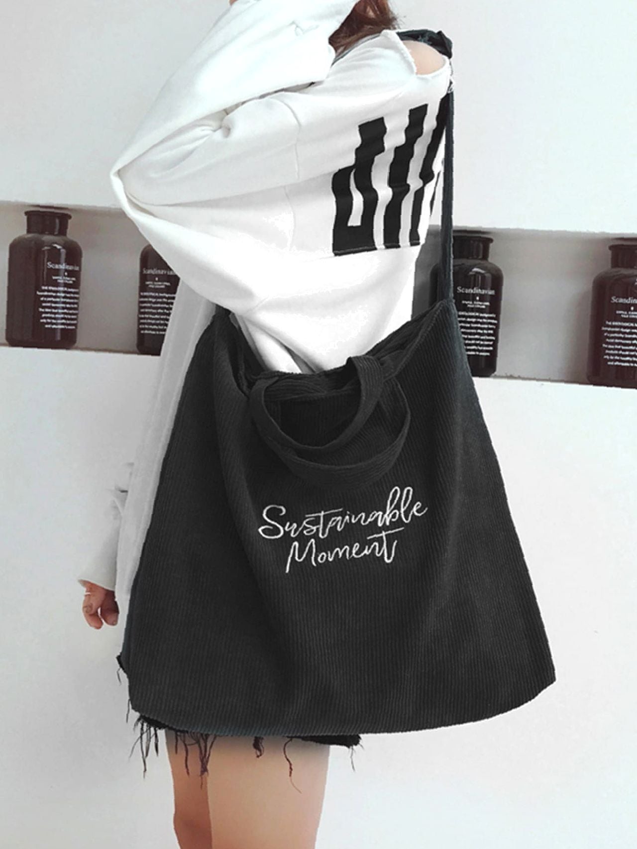 Maxct - Corduroy Letter Graphic Top Handle Bag  - Women Tote Bags