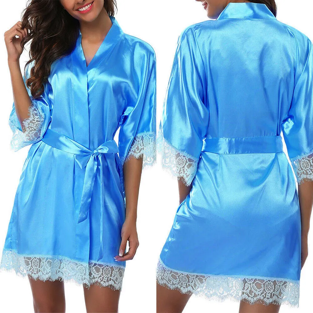 Maxct Women Night Gown Satin Robe Bathrobe Satin Nightgown Halt Sleeve Pajamas Lingerie Night Mini Dress Lace Sexy Sleepwear hot sale