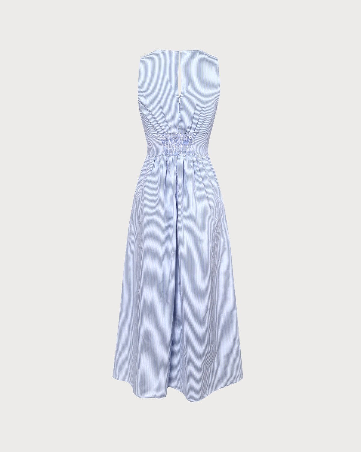 Maxct The Blue V Neck Shirred Striped Maxi Dress