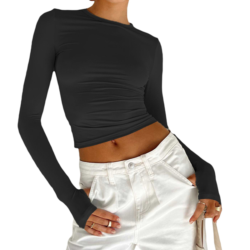 Female Fashion Going Out T-Shirt Women Sexy Long Sleeve Fitted Crop Tops Y2K Crew Neck Casual Basic Tight Tees Streetwear