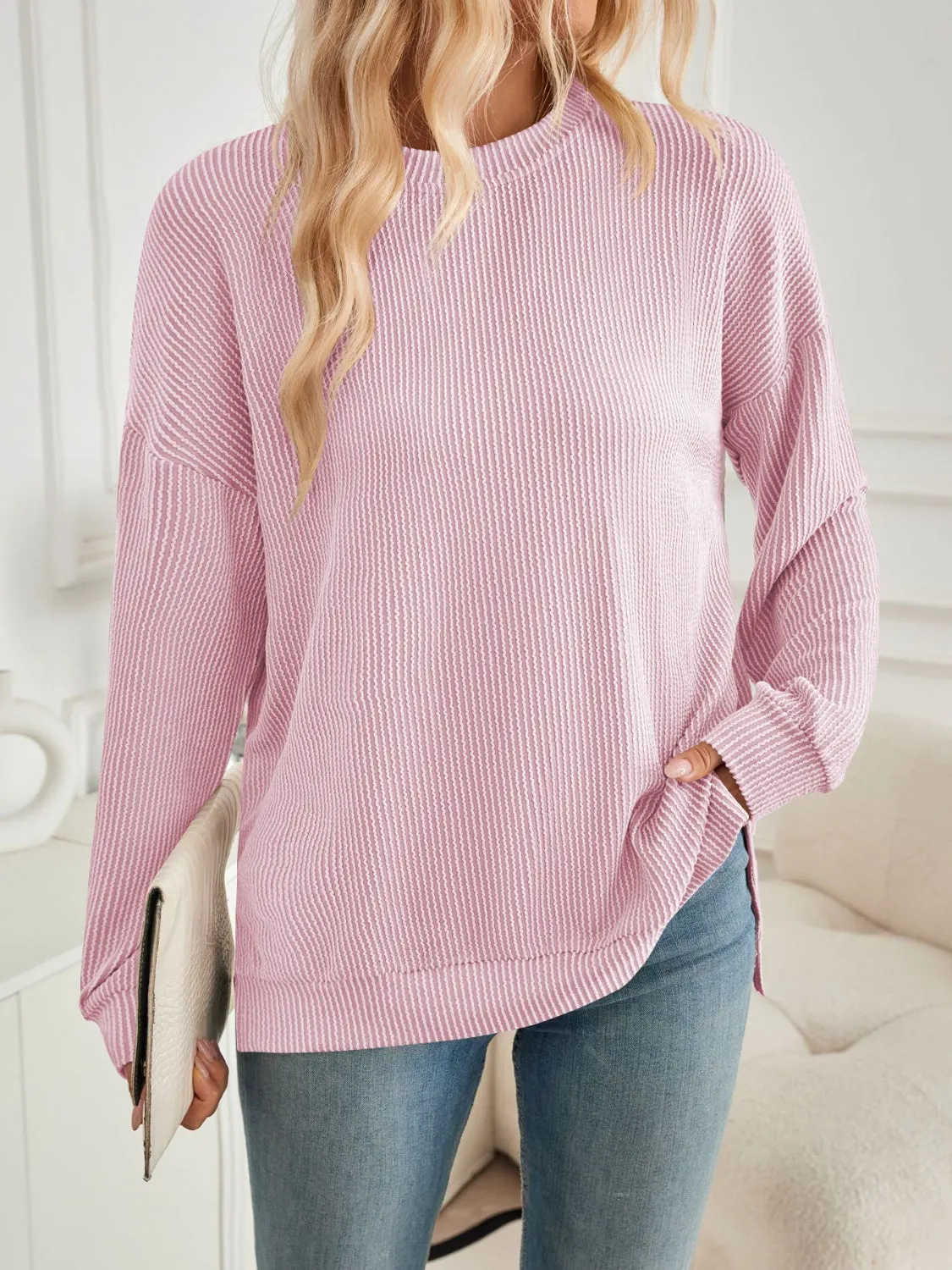 Maxct &Slit Round Neck Long Sleeve Sweatshirt