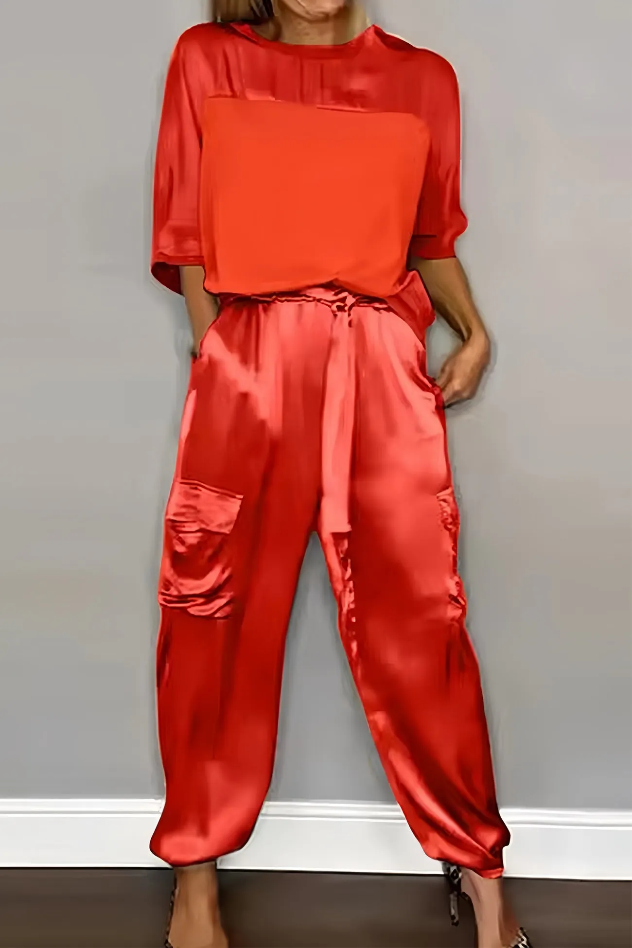Maxct Satin Half Sleeve Shirt Two-piece Pants Set