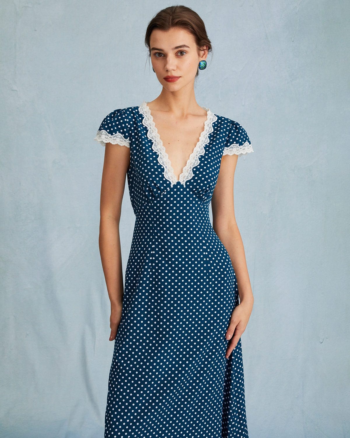 Maxct The Navy V Neck Polka Dot Lace Ruched Maxi Dress