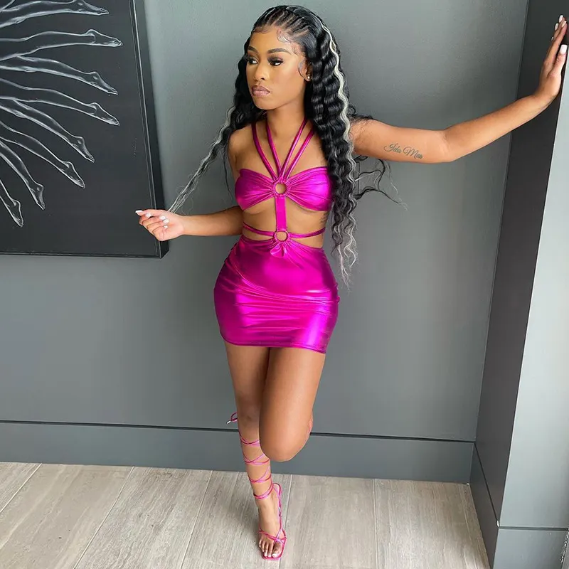 Voguable Solid Sleeveless Bodycon Halter Hollow Out Mini Dress Streetwear Outfits Y2K