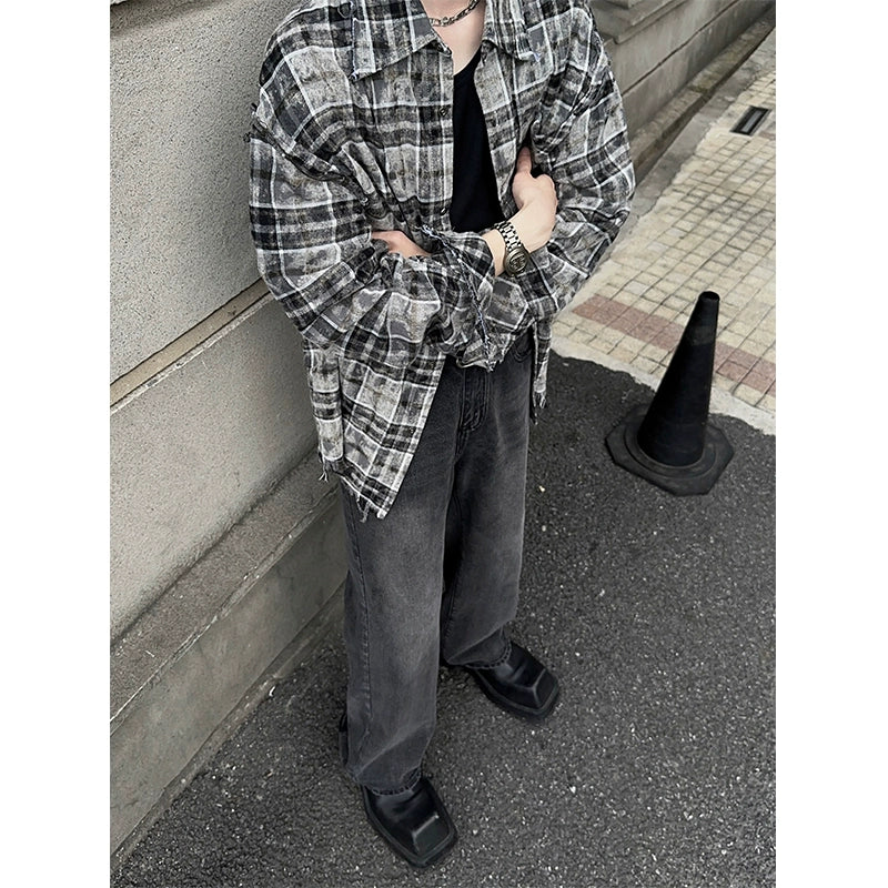 JM Distressed Raw Edge Plaid Shirt Maxct