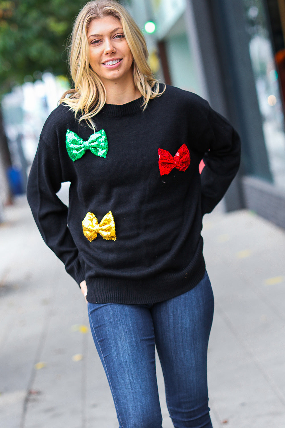 Maxct &Be Merry Black Multicolor Sequin Bow Knit Sweater