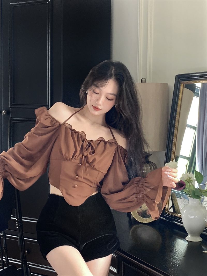 Shirts Blouses Spring Autumn Halter Off Shoulder Ruffles Patchwork Blusa Feminina Vintage Elegant Sexy Camisas De Mujer