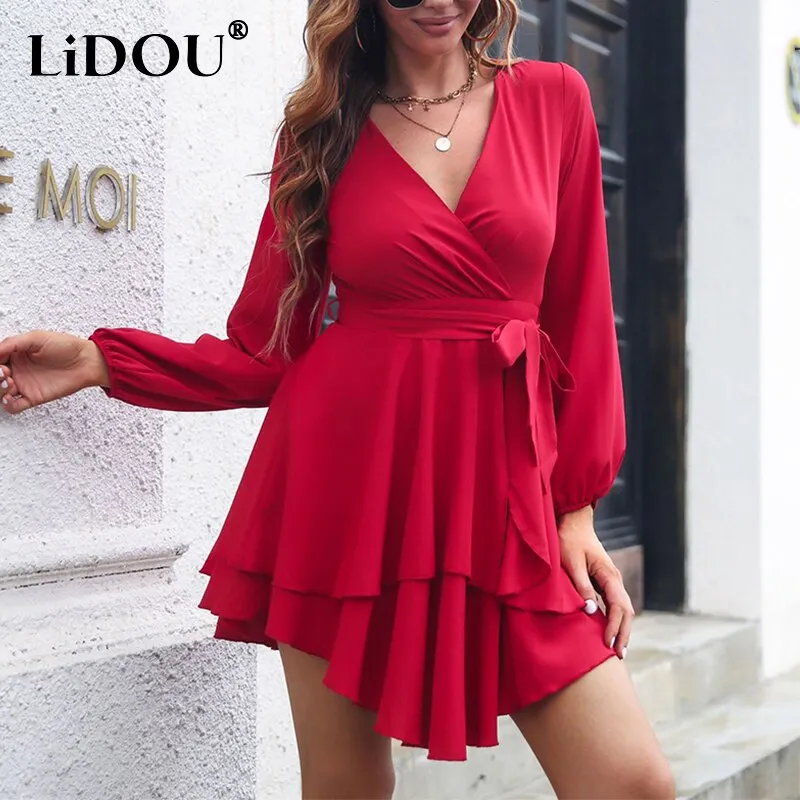 Maxct Winter Deep V-neck Lace Up Double Layers Mini A-line Dress Women Sexy Solid All-match Vestidos Lady Fashion Robe Femme