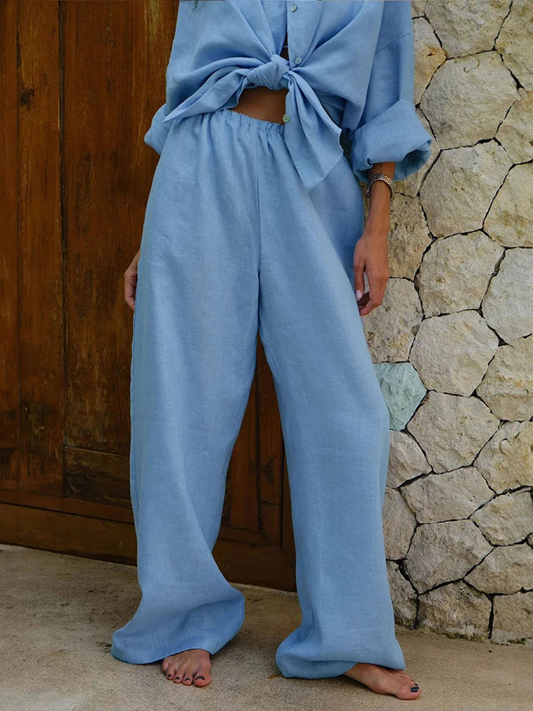 Maxct White Casual Cotton Linen Trousers Suit Women's Loose Long Sleeve Shirt Top Elastic Waist Pants Female Outfits Autumn New