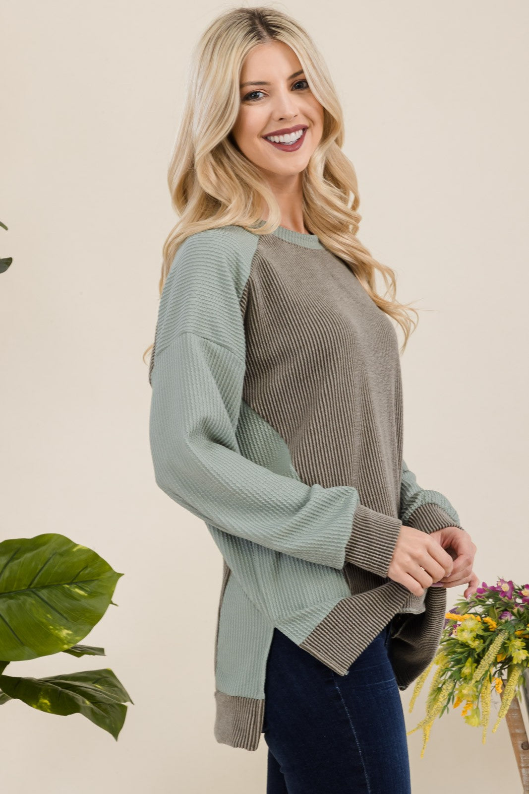 Maxct &Celeste Full Size High-Low Contrast Round Neck Sweatshirt - Image 3
