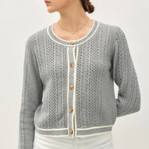 Maxct &Be Cool Cable Knit Long Sleeve Contrast Edge Cardigan