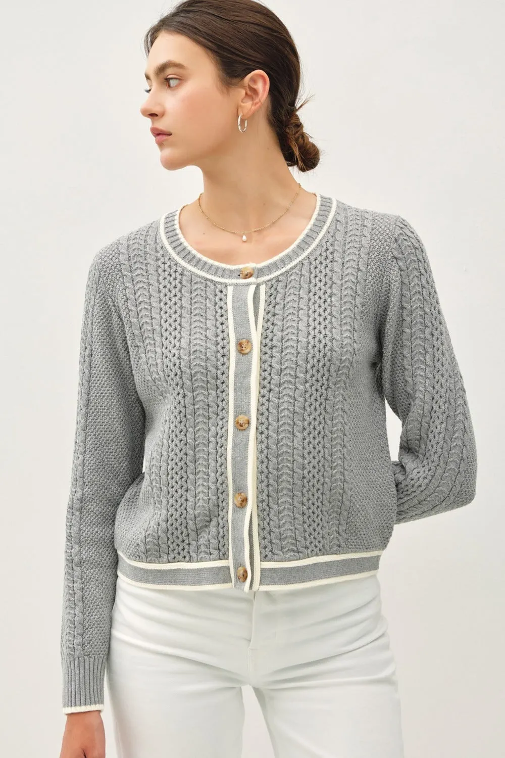 Maxct &Be Cool Cable Knit Long Sleeve Contrast Edge Cardigan