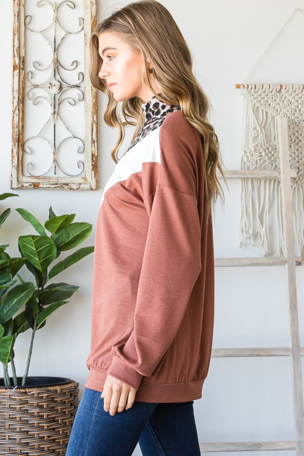 Maxct &Heimish Full Size Leopard Quarter Zip Mock Neck Sweatshirt
