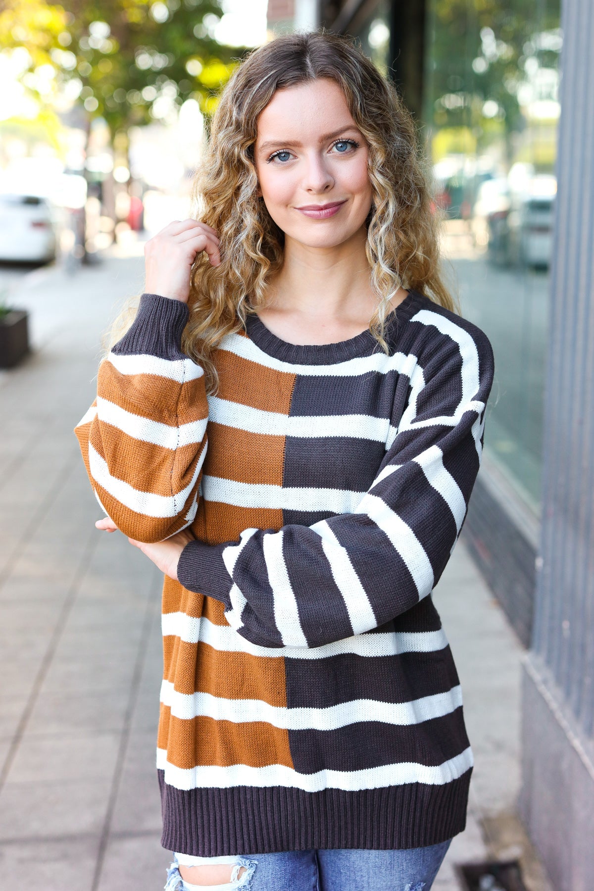 Maxct &Camel & Charcoal Striped Color Block Sweater