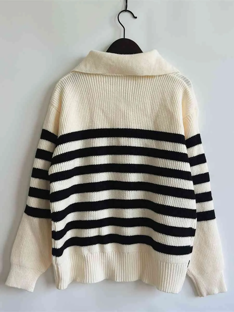 Maxct &Striped Half Zip Collared Sweater