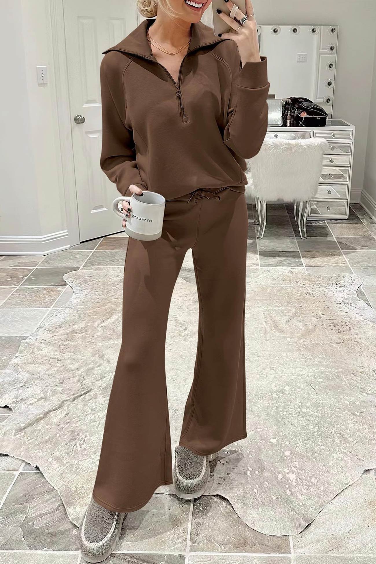 Maxct Lapel Zip-up Sweatshirt Wide Leg Long Pants Set