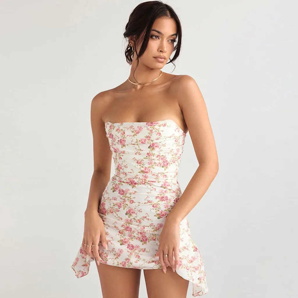 Glamorous Rose Printed Ruched Strapless Corset Mini Dress - Floral Maxct