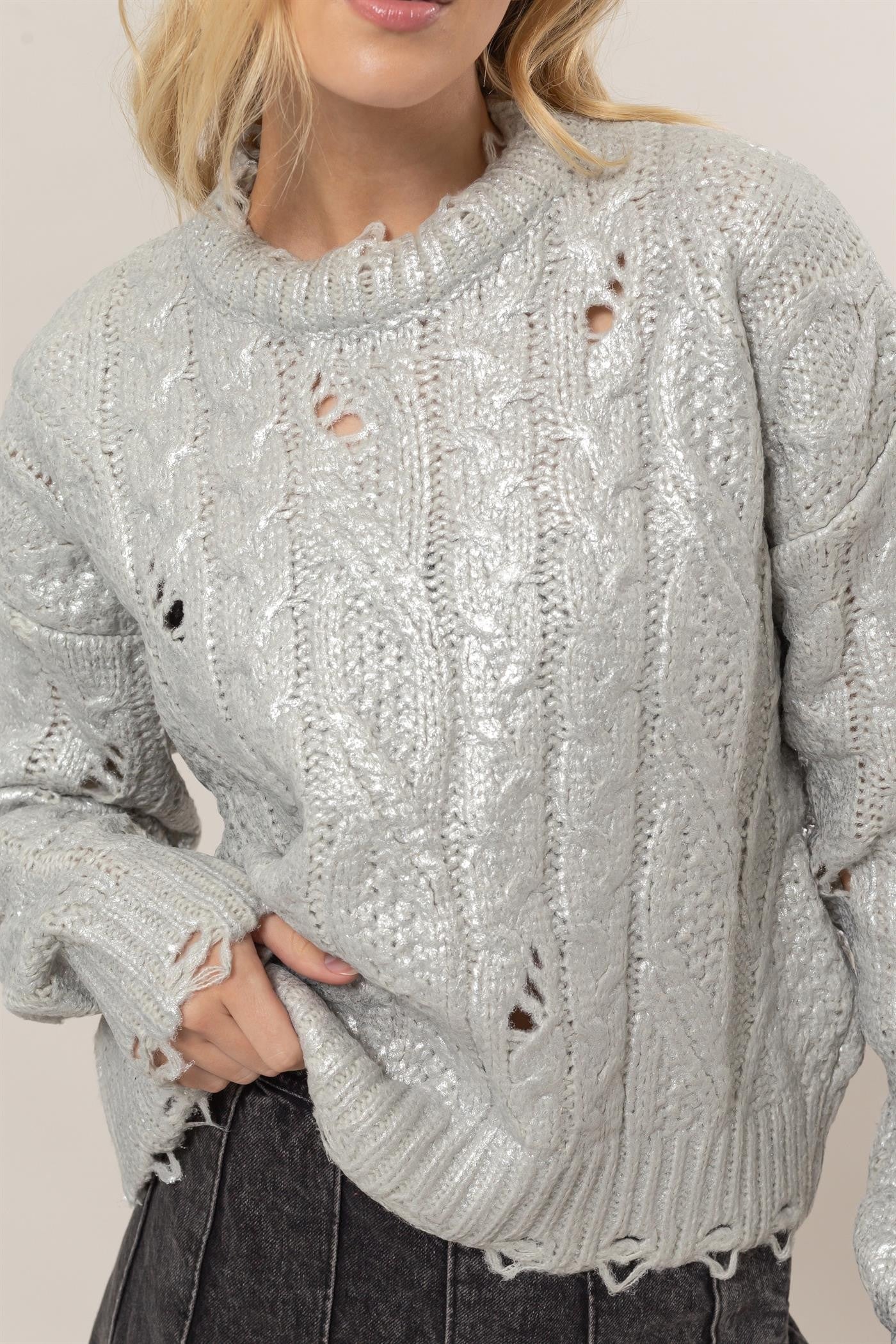 Maxct &HYFVE Distressed Cable-Knit Round Neck Long Sleeve Sweater