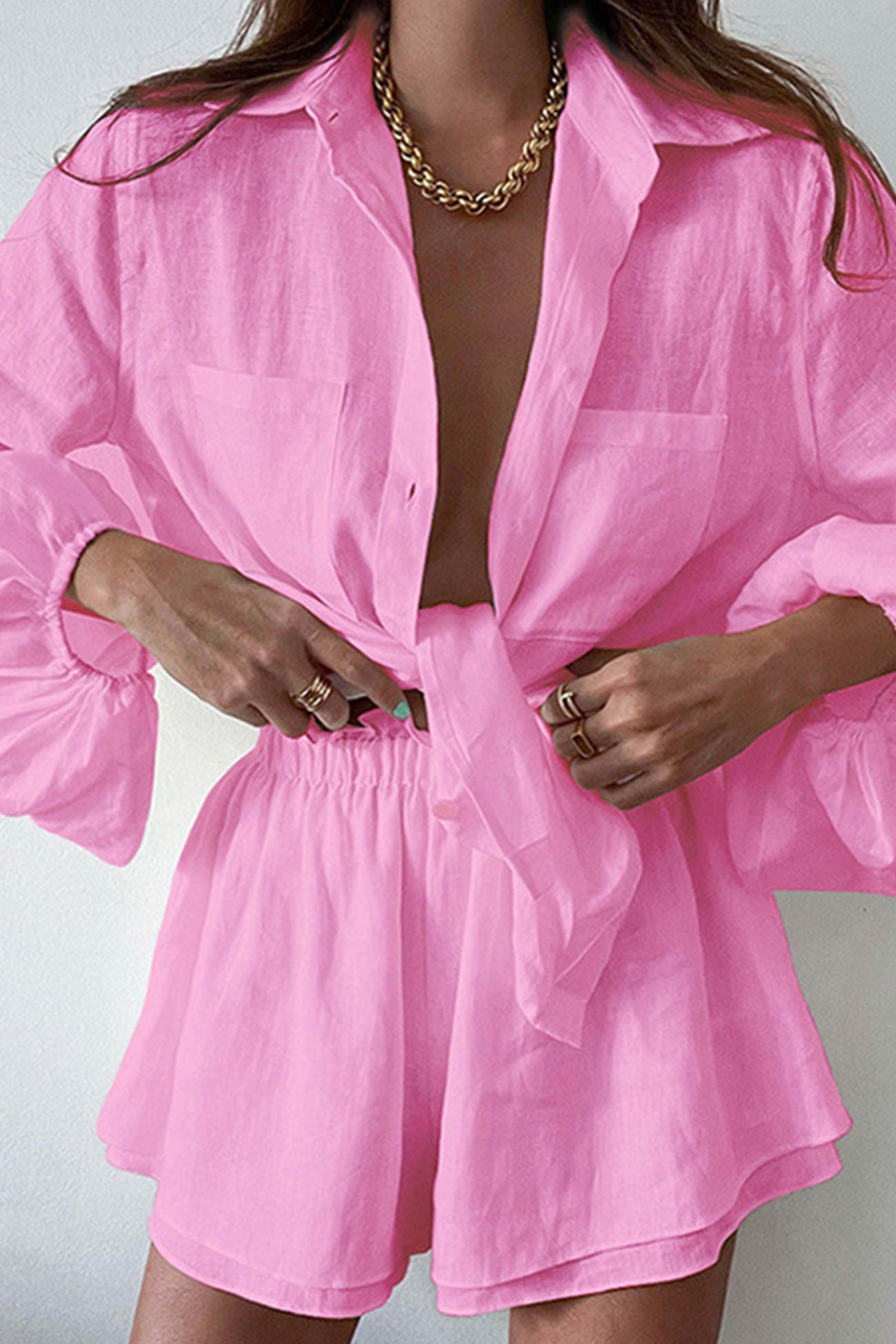 Maxct-Pocketed Solid Color Shirt Ruffle Waist Shorts Suits