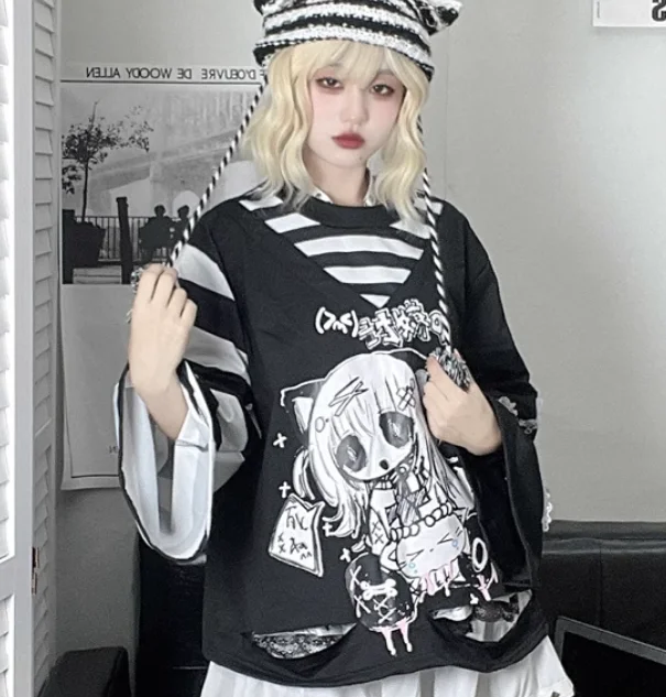 Maxct Y2k Fashion Fake Two Pieces Cartoon Print T-shirts Women Casual Loose Grunge Tops Aesthetic Fairy Harajuku Kawaii Tee