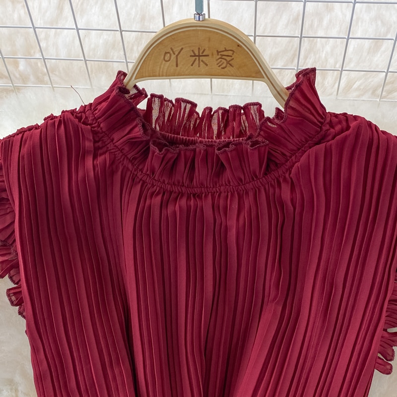 Women's Purple/Pink/Green Draped Dress Vintage Ruffle Stand Collar Sleeveless High Waist Party Pleated Vestidos Female New