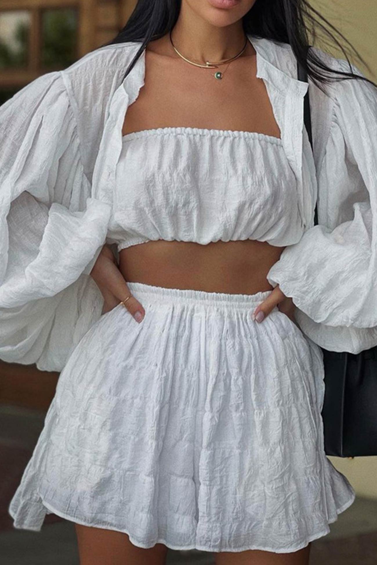 Maxct Long Puff Sleeve Shirt Strapless Three-piece Shorts Set