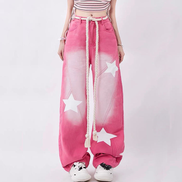 Star Print Y2K Pink Jeans Maxct