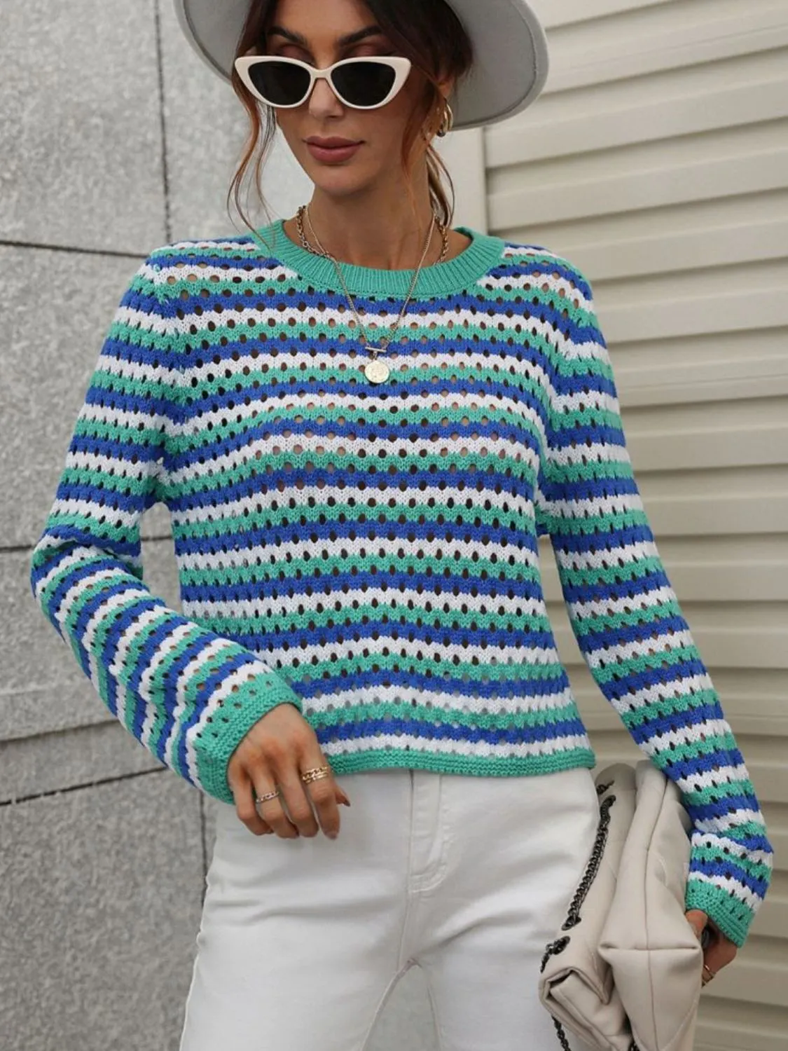 Maxct &Striped Openwork Long-Sleeve Knit Pullover