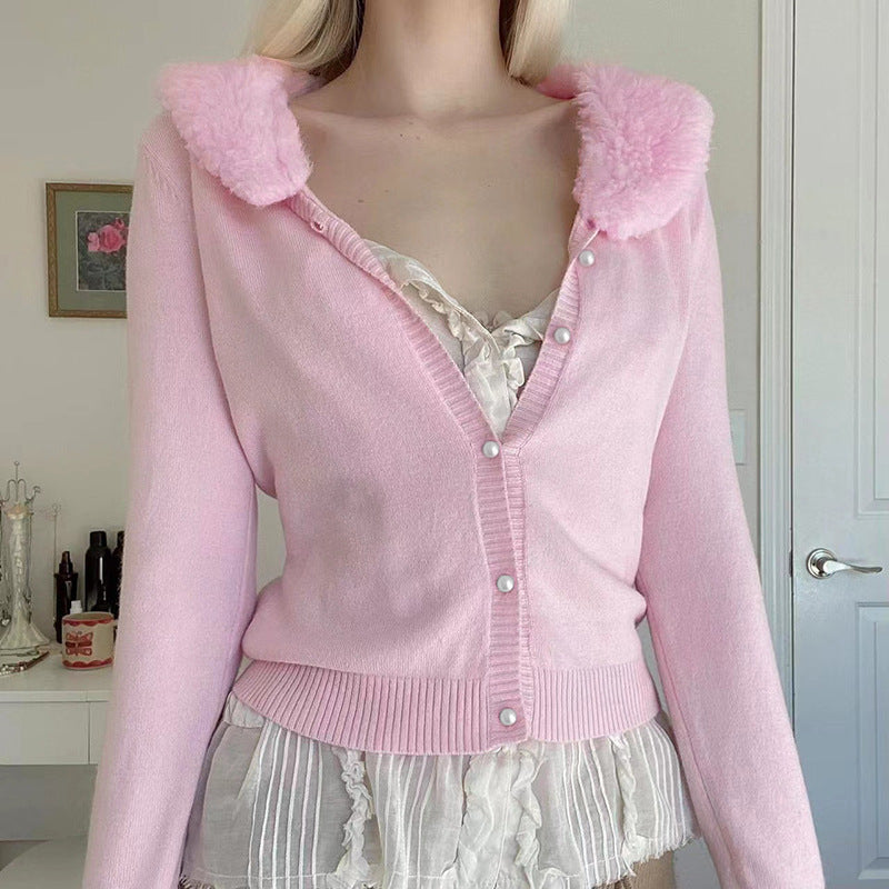 Maxct 90s Aesthetic Fur Collar Button Up Cardigan