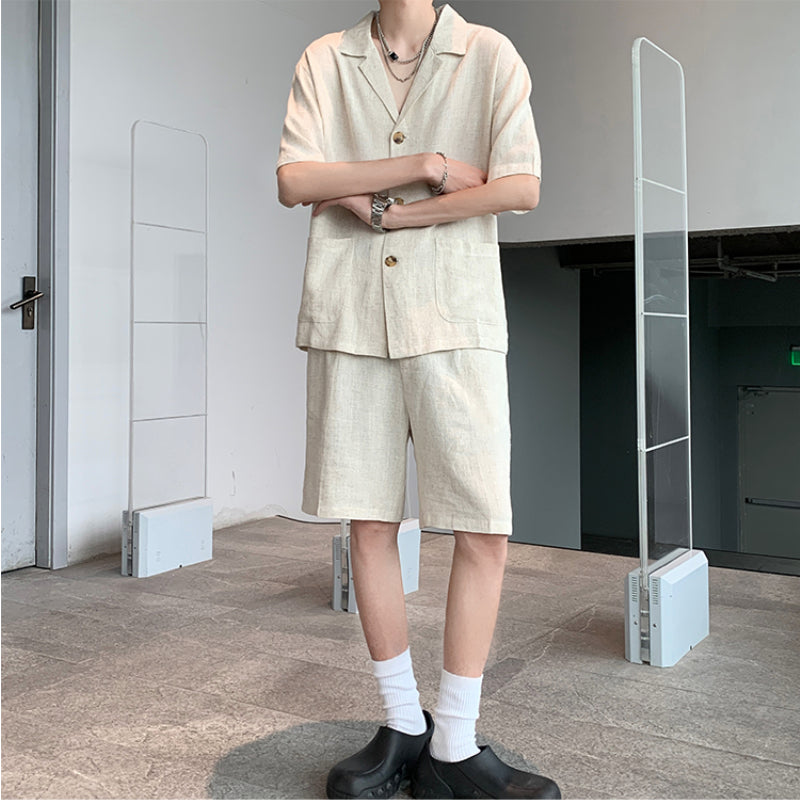 Maxct Vintage Cotton Linen Shirt Shorts Two-Piece Set