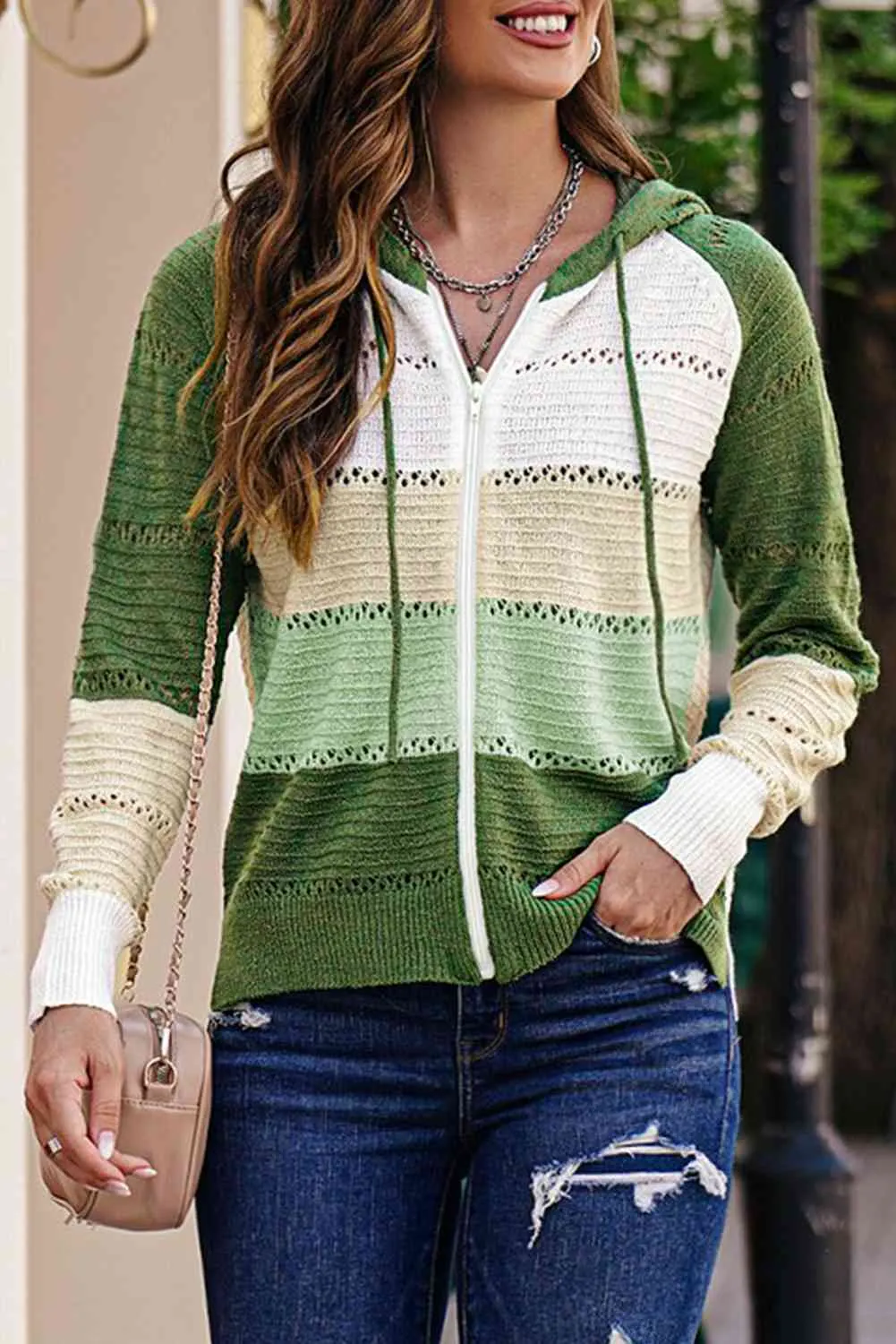 Maxct &Zip-Up Raglan Sleeve Openwork Hooded Cardigan - Image 13