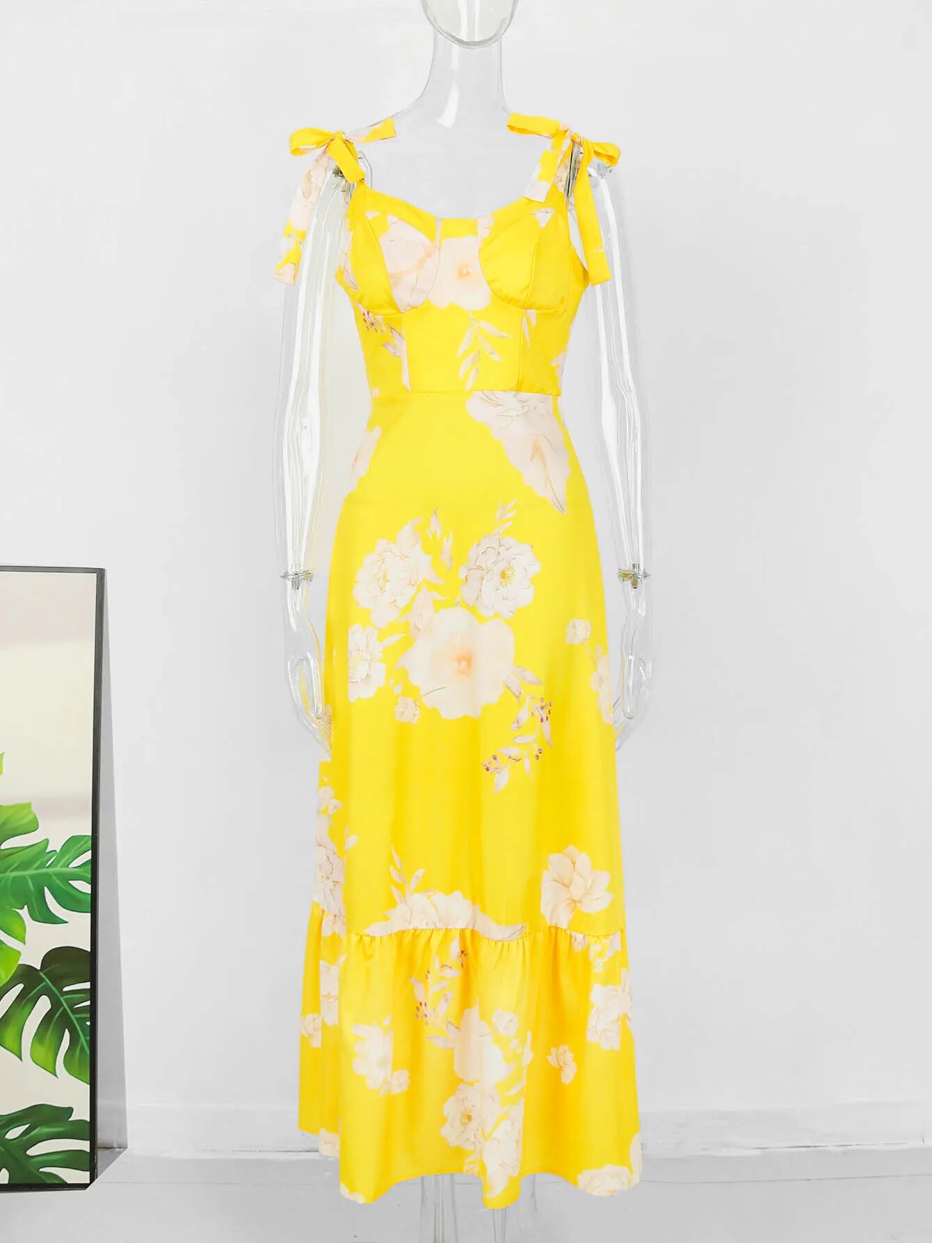 Maxct Floral Printed Yellow Dresses For Women Elegant Sleeveless Long Dress Holiday Lace Up Robe Summer Bodycon Vestidos Feminino