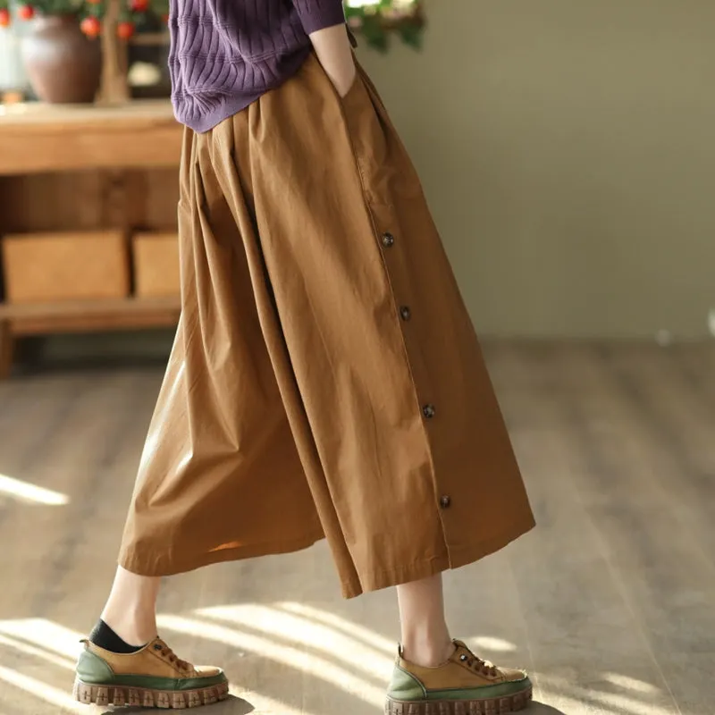 Loose Wide-Leg Side Buttons Cotton Linen Casual Pants for Women