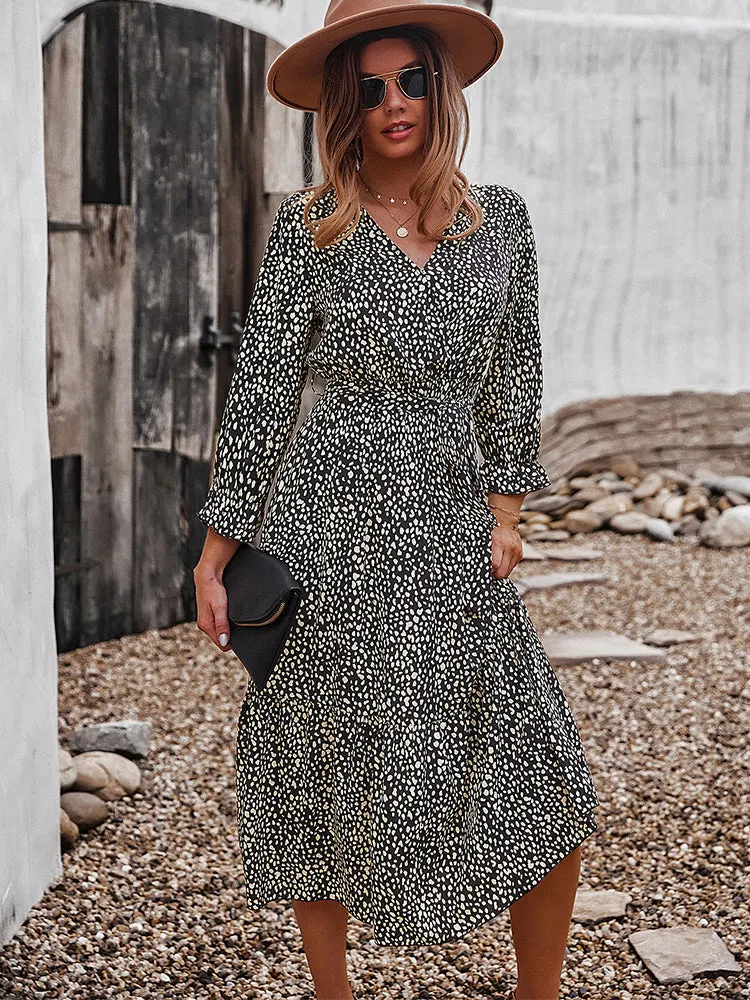 V Neck Boho Ruffle Flowy Midi Dress Maxct