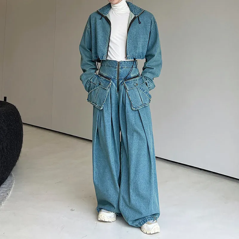 Maxct Loose Oversized Cropped Jacket Denim Set