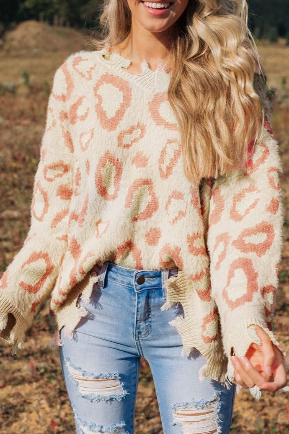 Maxct &Distressed Trim Leopard V-Neck Sweater