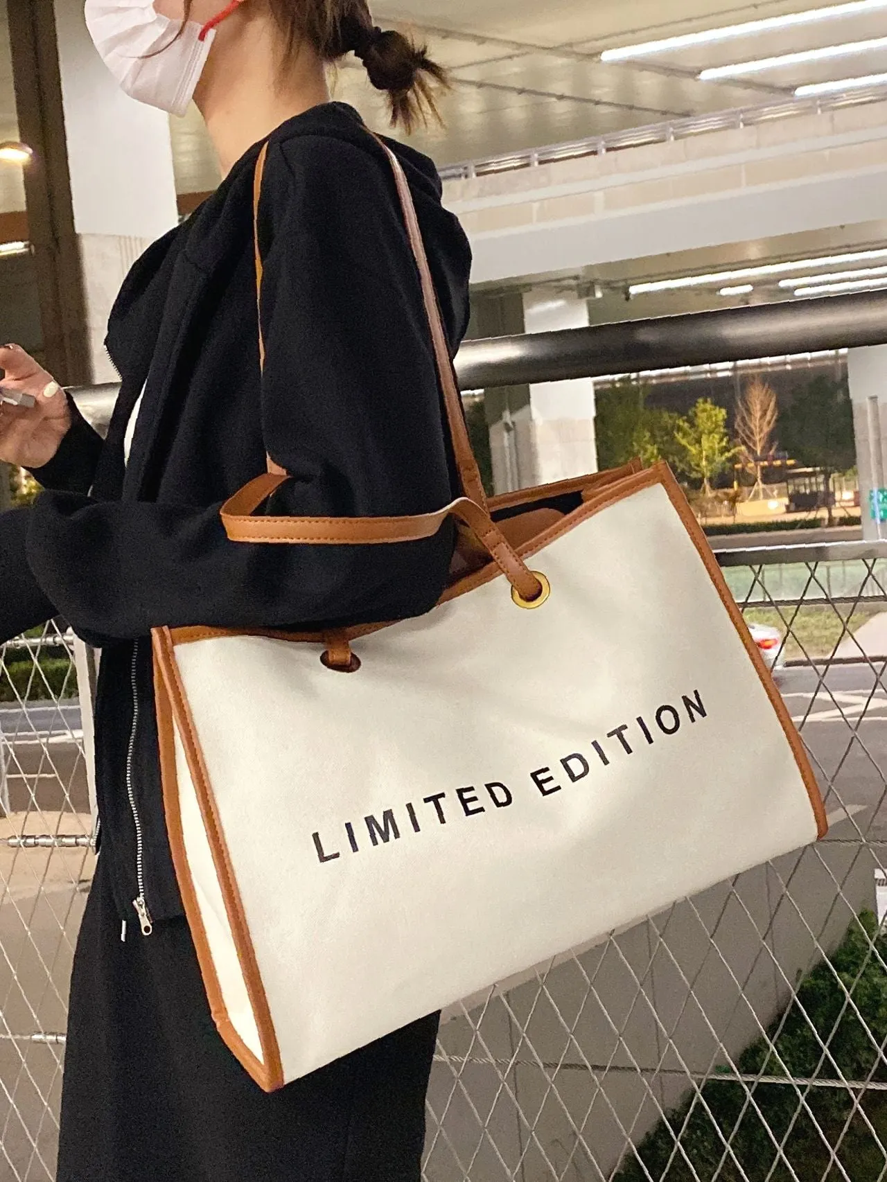 Maxct - Letter Graphic Contrast Binding Shopper Bag  - Women Tote Bags