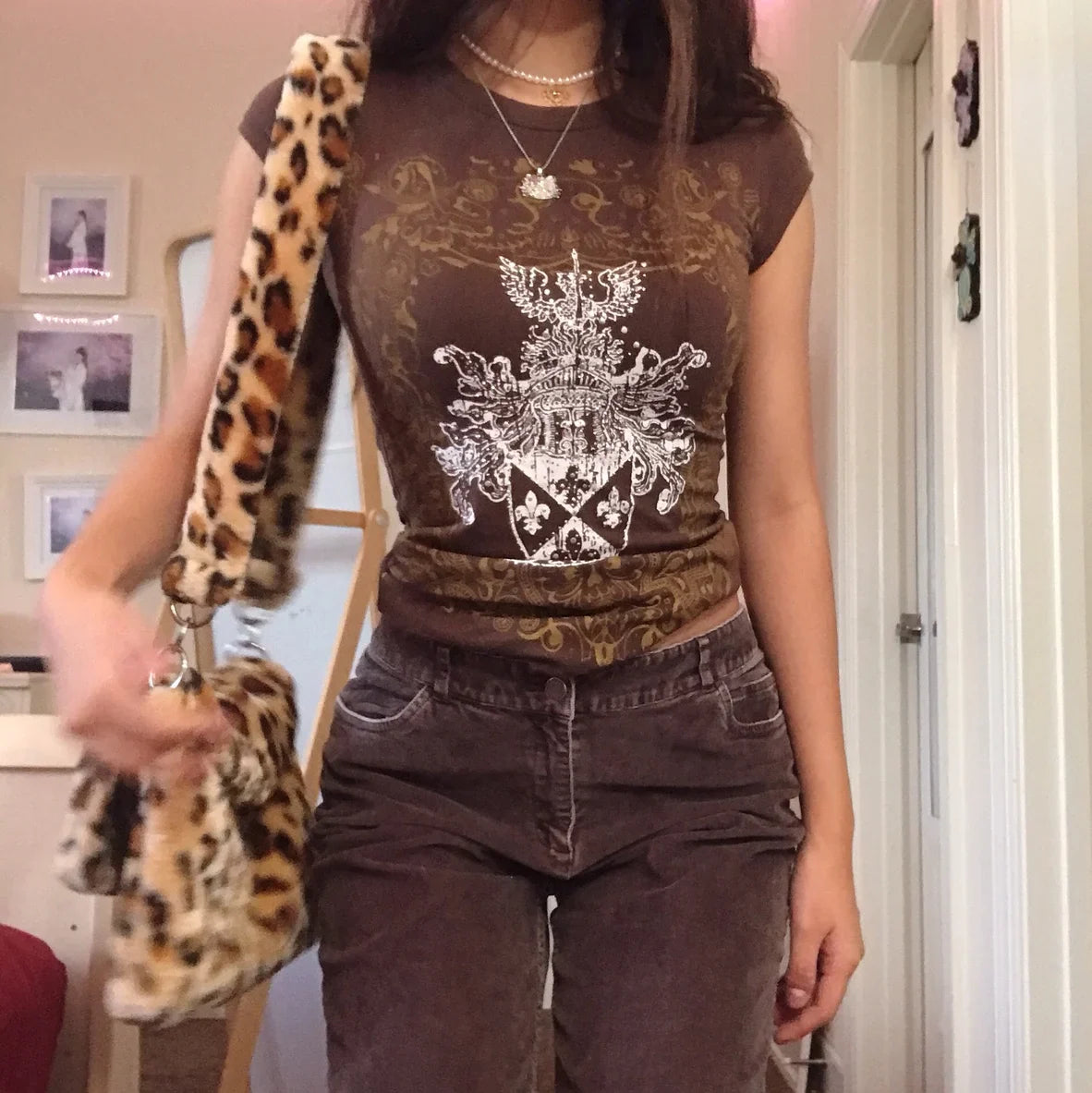Maxct y2k Aesthetic Fairy Grunge Vintage Tops Graphic Print Brown T-Shirt Short Sleeve Slim Pullover Sweats Tees Harajuku Retro Women