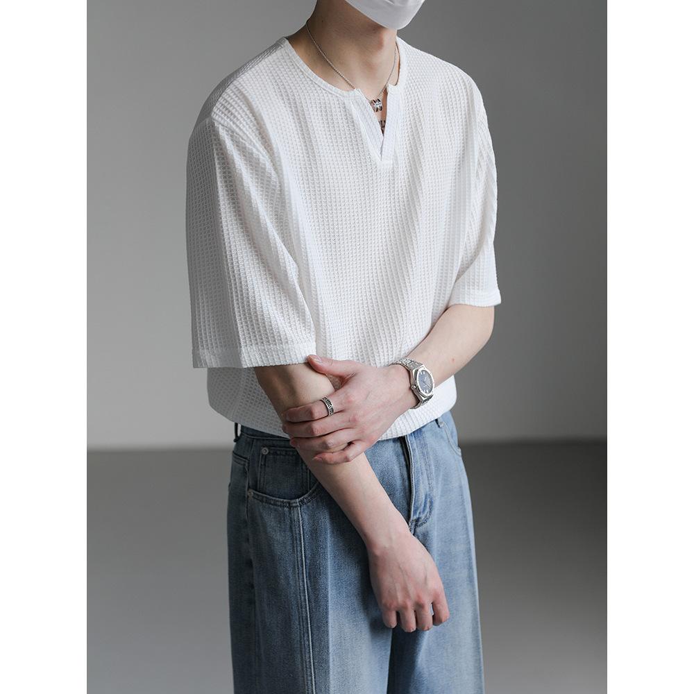 Maxct 90s Streetwear Summer New Korean Style Loose Small V-neck Short-sleeved T-shirt Men's Fashion Brand Wafflet High-end Sense Half-sleeved T-shirt Top