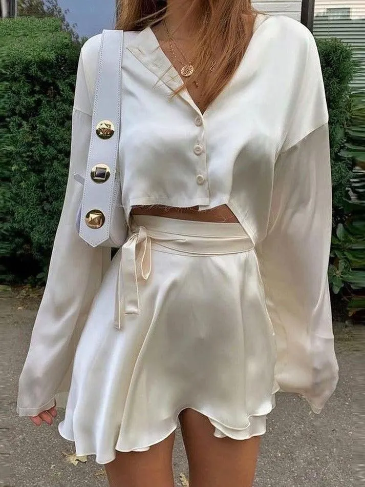 Maxct Satin Long Sleeve Buttoned Crop Blouse