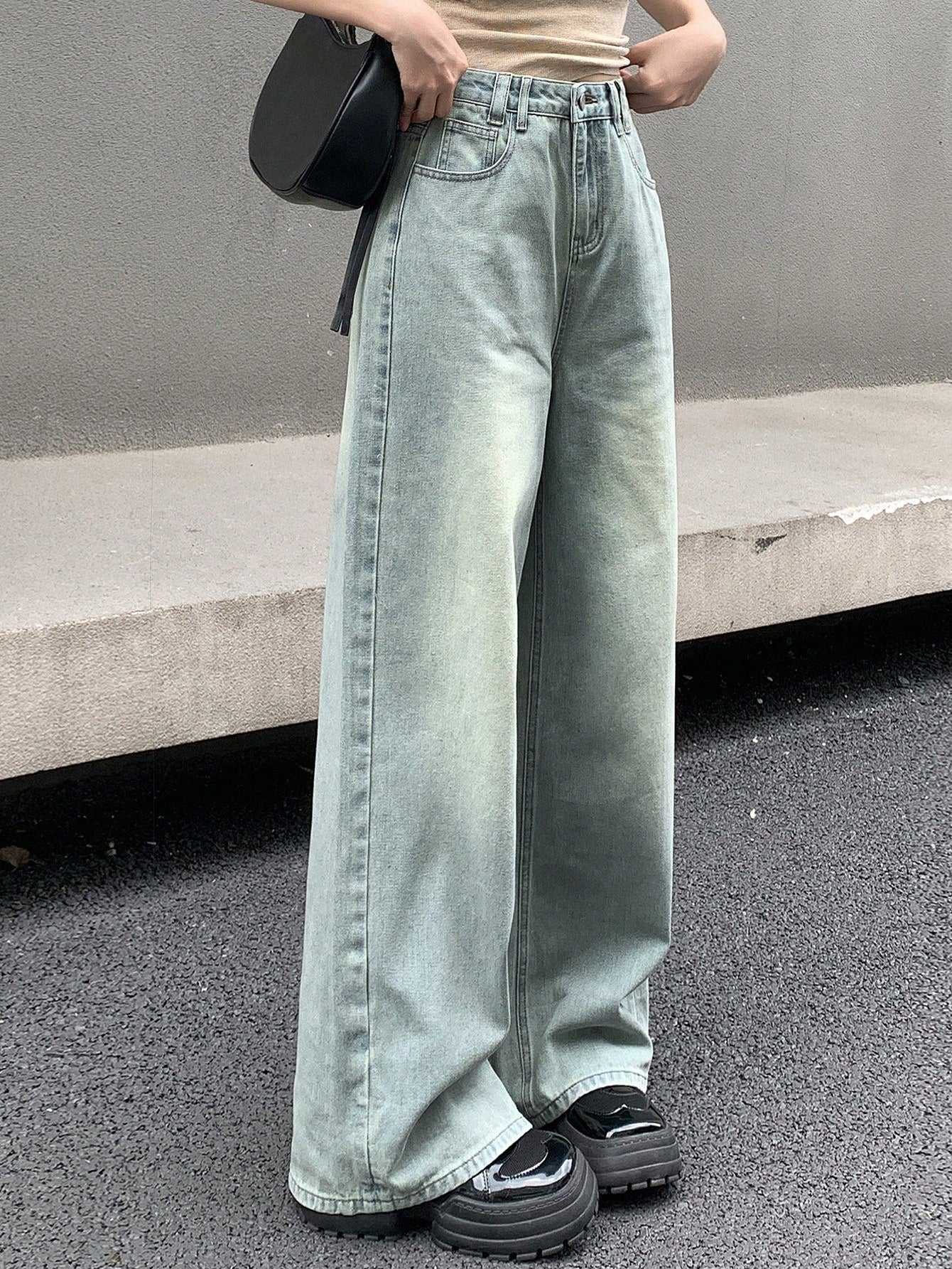Maxct Women's Casual Loose Fit Wide Leg Seven-Point Denim Pants With Pockets