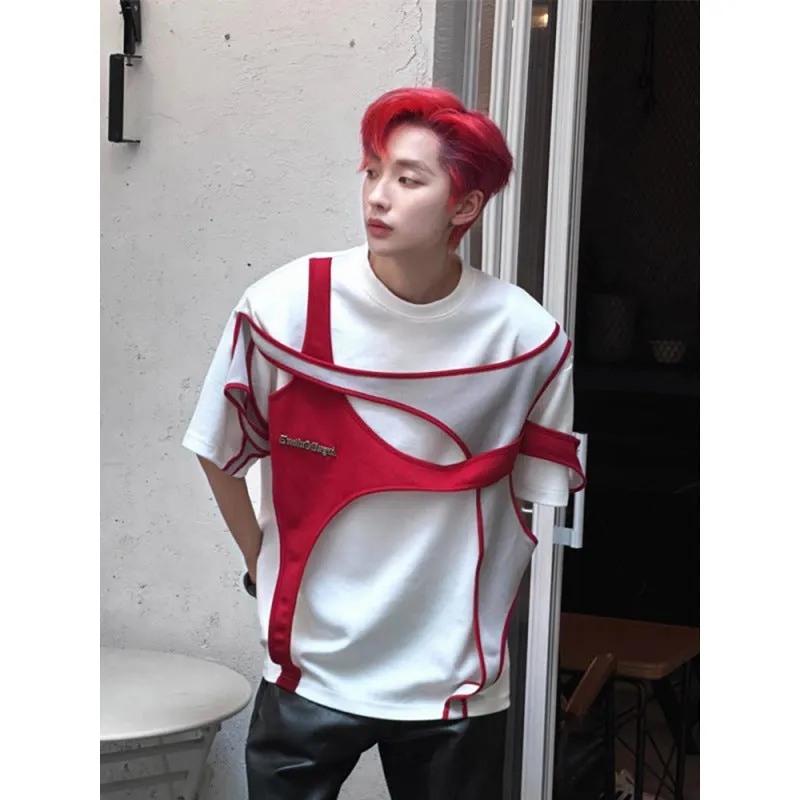 Maxct classy mens fashion American High Street Heavy Deconstruction Stitching Short Sleeve Men's Summer Advanced Design Sense Shoulder Pad T-shirt Niche Couple Half Sleeve
