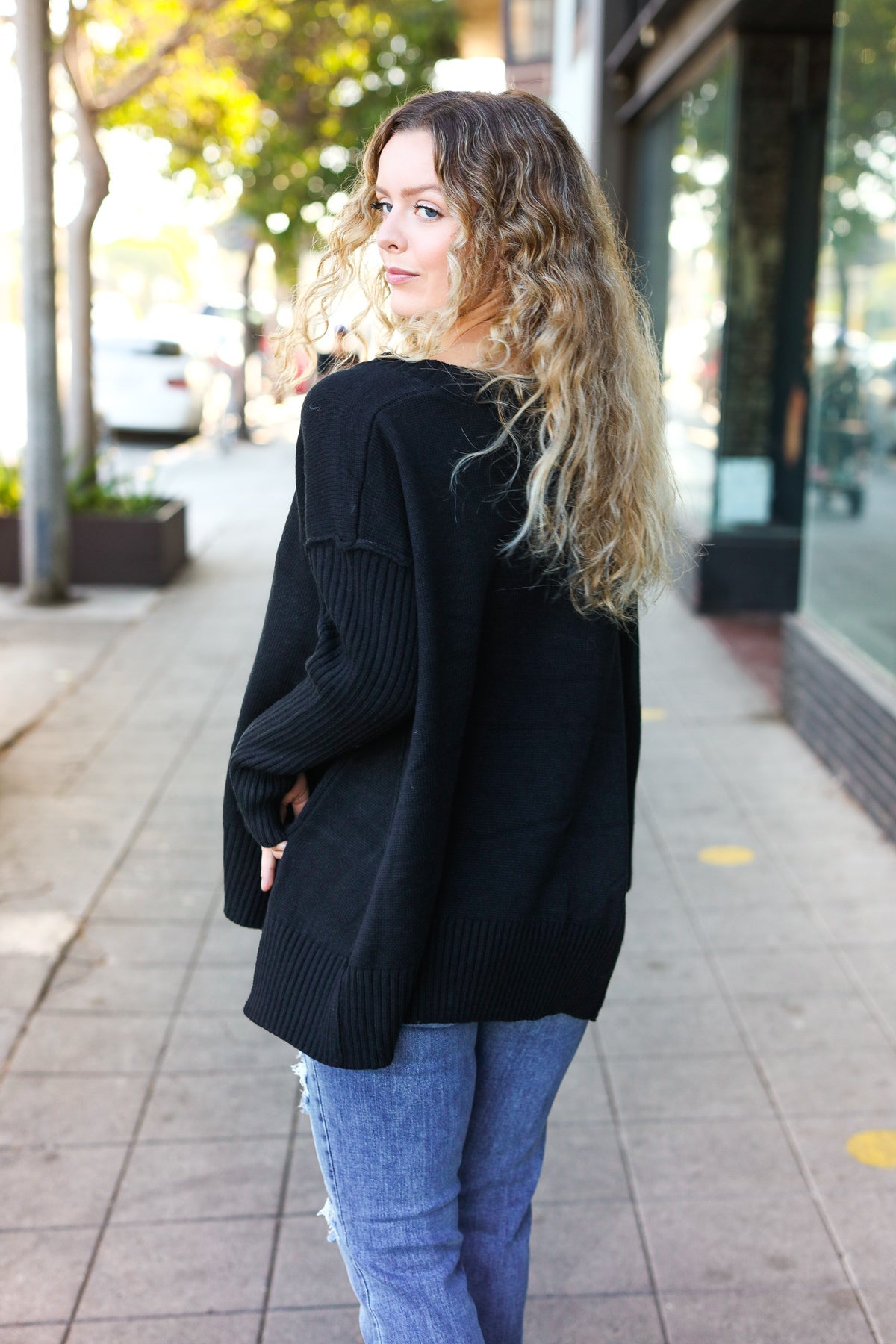 Maxct &Casual Chic Black Oversized V Neck Rib Knit Sweater